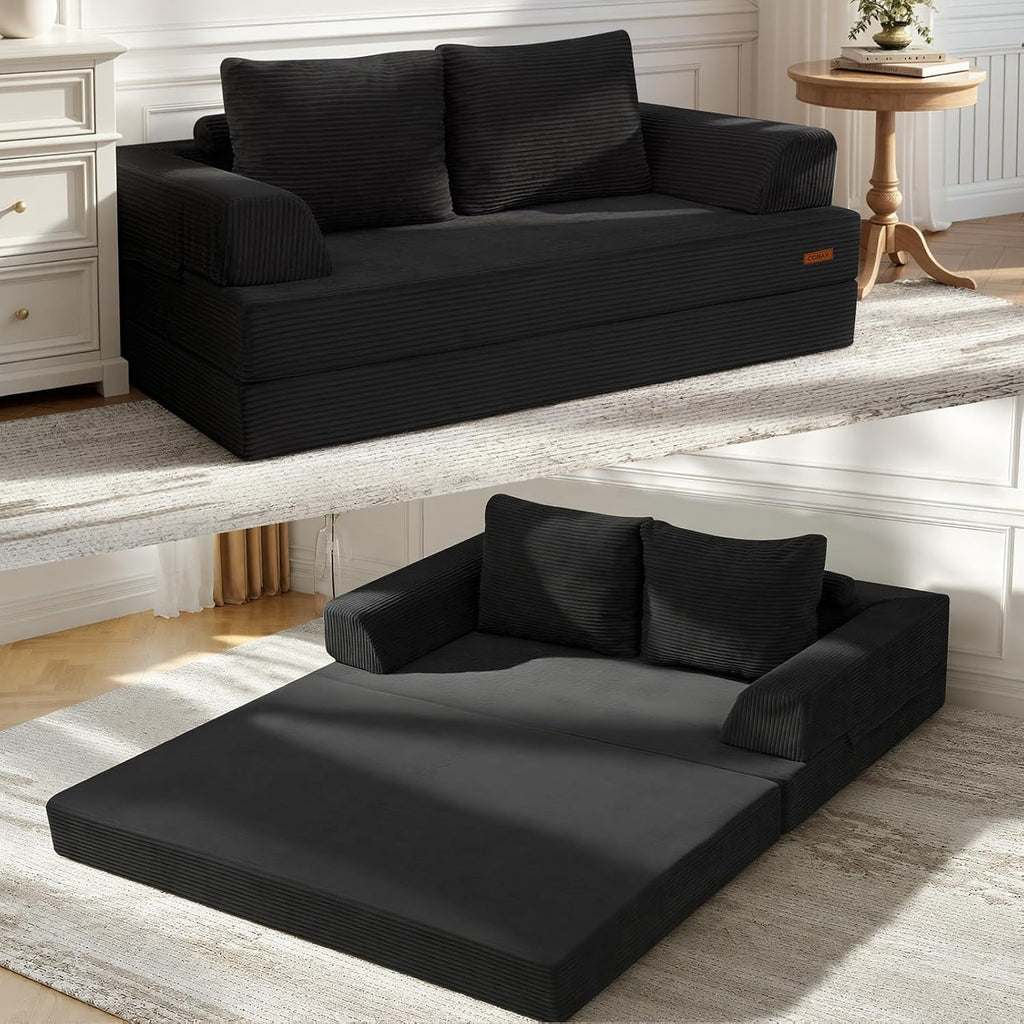 COMAX Convertible Sofa Bed – Folding Floor Couch Loveseat with Corduroy Cover & Pillows, Black | Multi‑Mode Lounger, Futon Sleeper Mattress for Living Room & Bedroom
