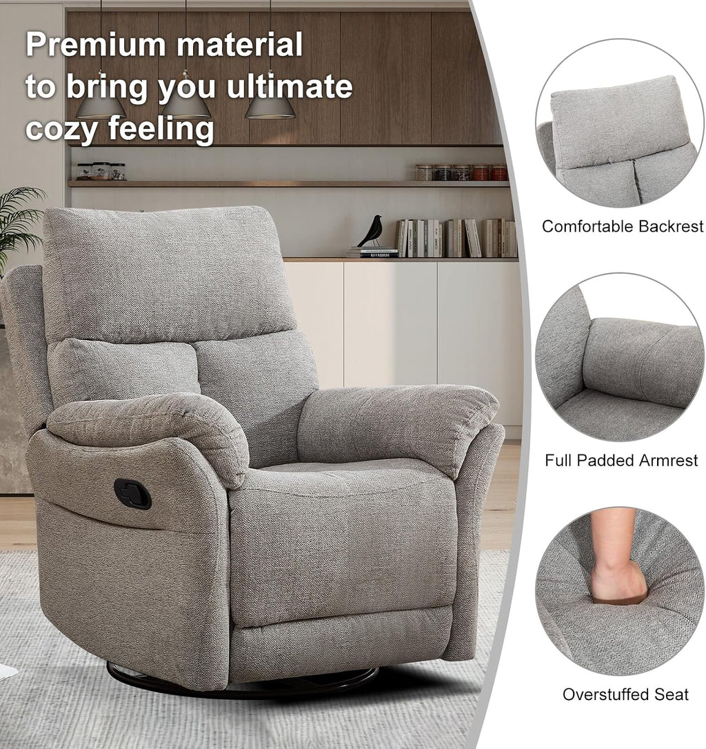 CANMOV Rocker Recliner, Manual Swivel Recliner with Overstuffed Cushion, Nursing Chairs for Living Room, Swivel Glider Recliners with Soft Backrest, Grey