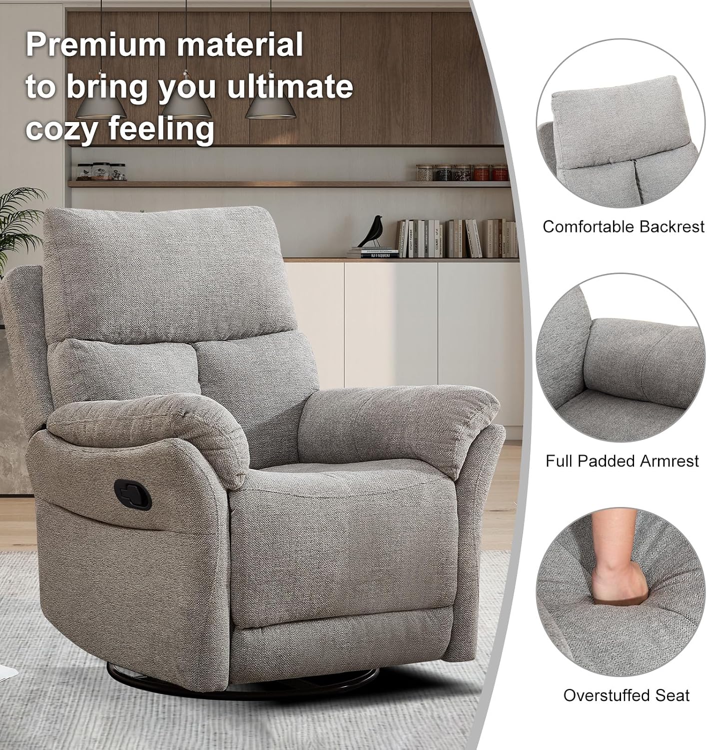 CANMOV Rocker Recliner, Manual Swivel Recliner with Overstuffed Cushion, Nursing Chairs for Living Room, Swivel Glider Recliners with Soft Backrest, Grey