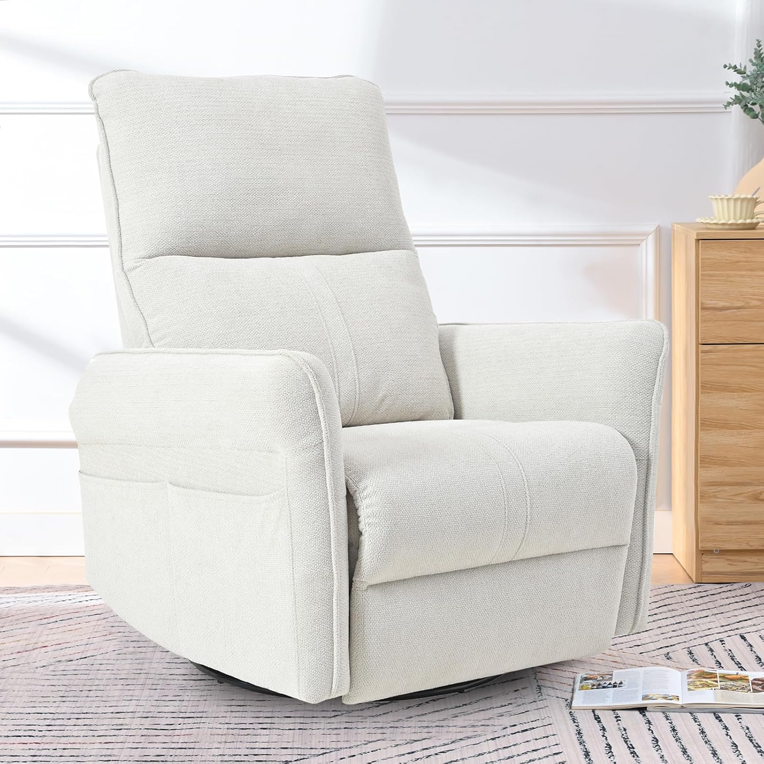 cinkehome Swivel Rocker Recliner, Glider Rocker Recliner Chair for Nursery, Overstuffed Manual Reclining Chair for Small Spaces, Living Room, Beige Snowflake Fleece