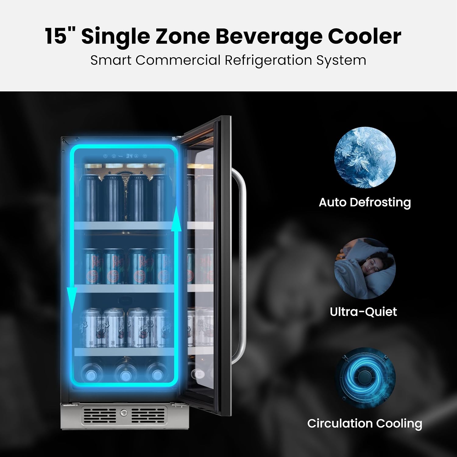 15 Inch Beverage Refrigerator 80 Cans Small Beverage Fridge, Drink Fridge with Glass Door 3 LED 34-54 ℉ Beverage Cooler Built-in or Freestanding Adjustable Shelves for Home/Kitchen(3.0 cu.ft)