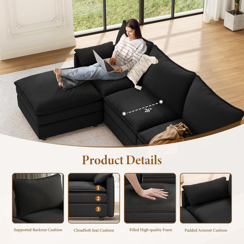 Vesgantti 142' U Shaped Sectional Couch, Comfy Cloud Modular Sectional Sofa with 2 Ottoman Deep Seat Chenille Modern Cloud Sofa, Modular Sofas for Living Room, Bedroom and Apartment, Black