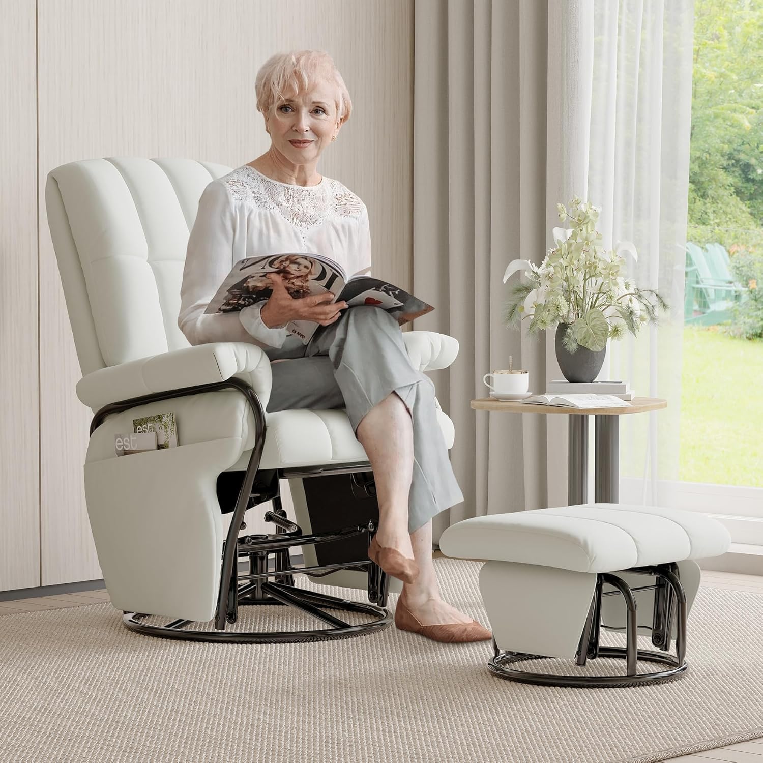 JIASTING 360° Swivel Leather Recliner Chair with Ottoman & Double Side Pockets, Nursing Glider Rocking Recliner Chair, Gliding Chairs for Nursery, Office, Living Room, Bedroom, Metal Frame (White)