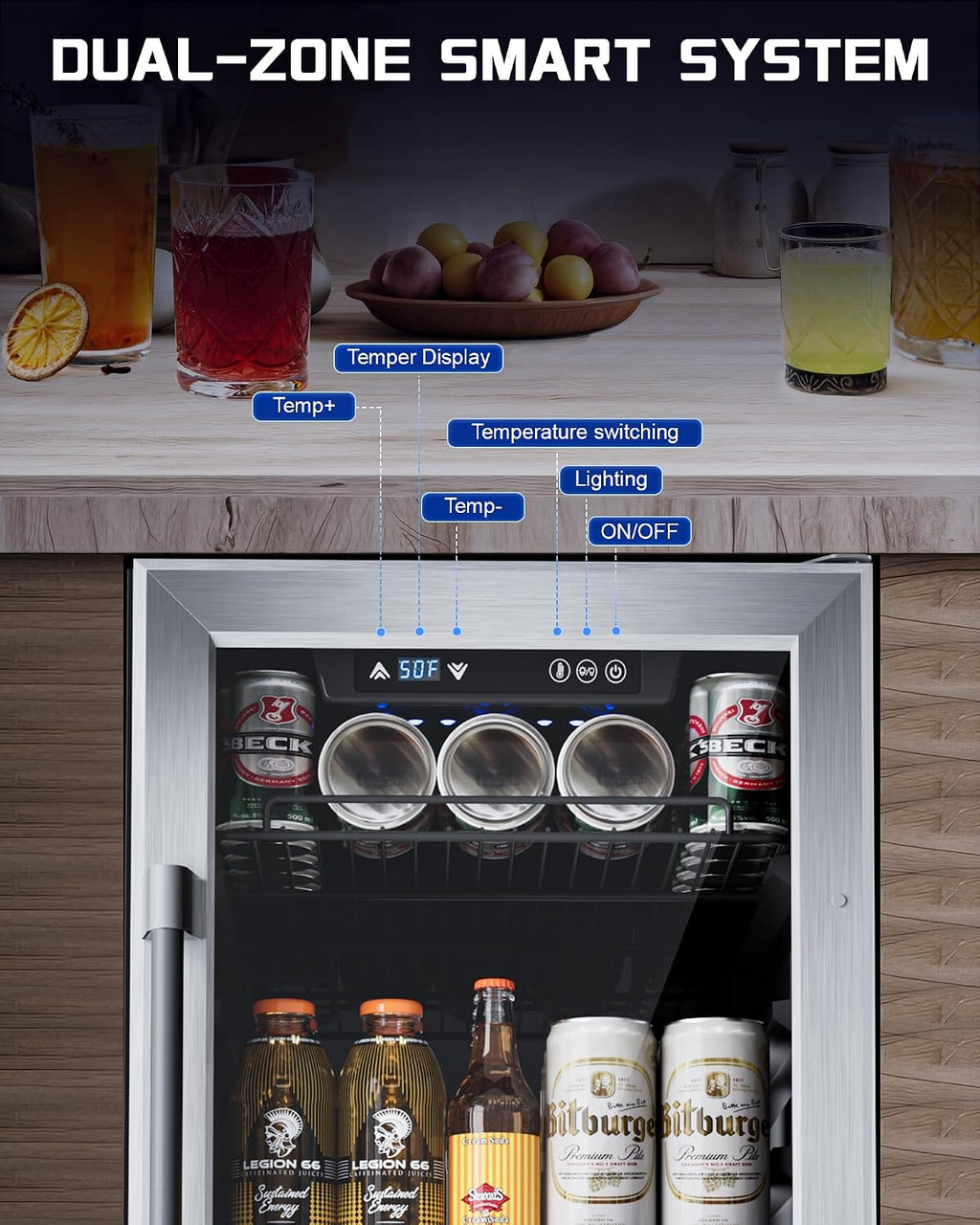 18-inch under-counter beverage refrigerator – 140-Can & 20-Bottle Capacity, Dual-Zone Built-In Beverage Cooler with Glass Door and Quiet Advanced Cooling System