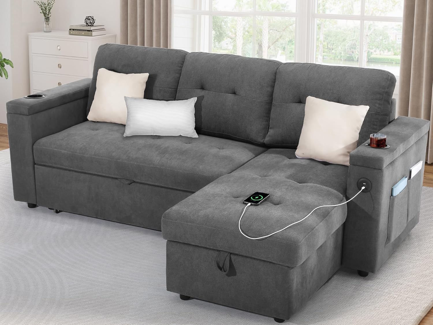 YITAHOME Sleeper Sofa Bed, 3-in-1 Pull Out Sectional Sofa Couch with Storage in Chaise & Armrests, USB & Type-C Ports, Cup Holders, Linen Fabric Pullout Couch for Living Room, Apartment, Dark Gray