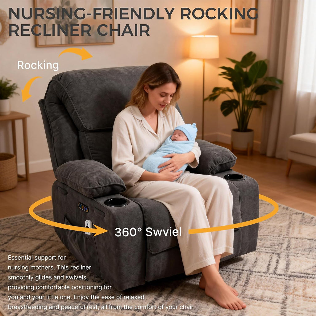 Power Recliner with Rocking, Swivel & Glider - Nursery Chair with One-Touch Button, Vibrating Massage & Heat, USB Charging Ports, Perfect for Nursery, Living Room, or Bedroom Relaxation, Dark Gray