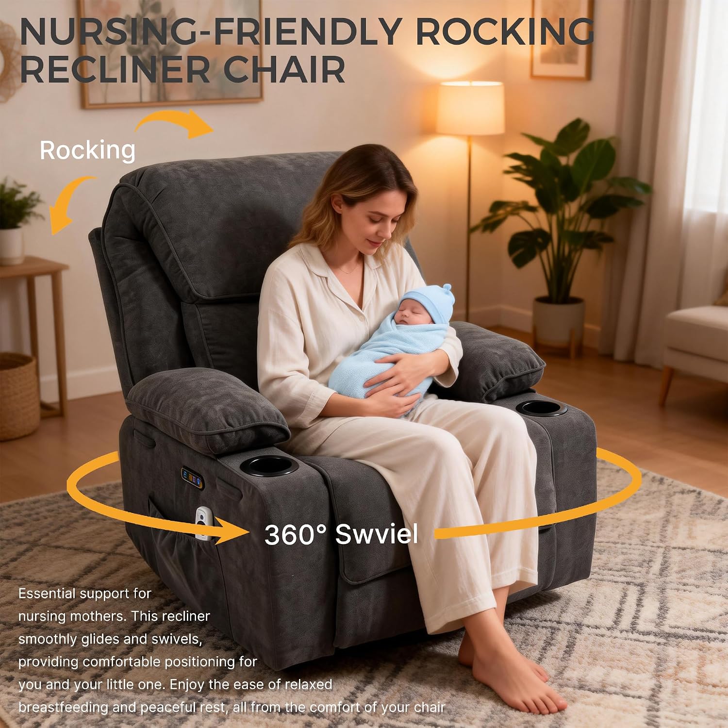 Power Recliner with Rocking, Swivel & Glider - Nursery Chair with One-Touch Button, Vibrating Massage & Heat, USB Charging Ports, Perfect for Nursery, Living Room, or Bedroom Relaxation, Dark Gray