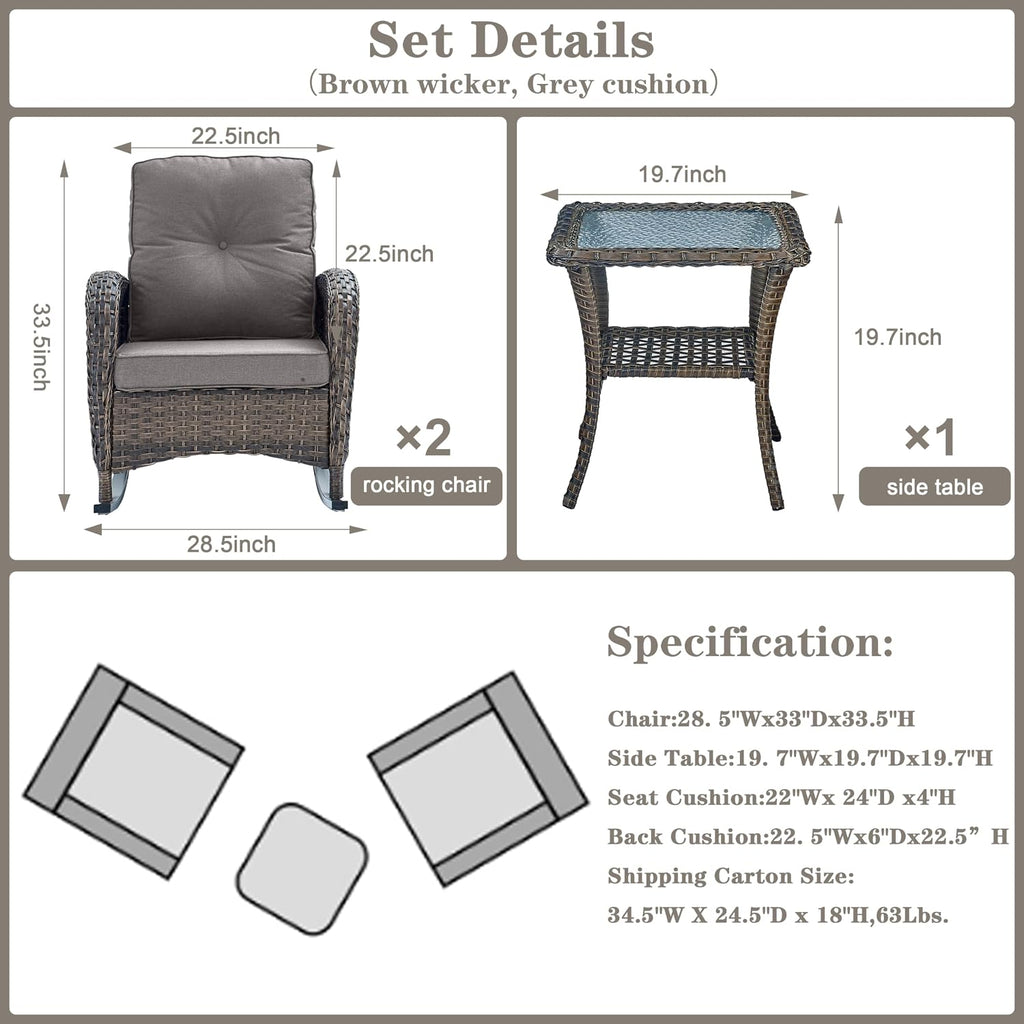 Belord Wicker Porch Rocking Chairs - 3 Pieces Patio Bistro Set High Back Outdoor Rocker Chairs Set with Side Table for Deck Balcony Brown/Grey