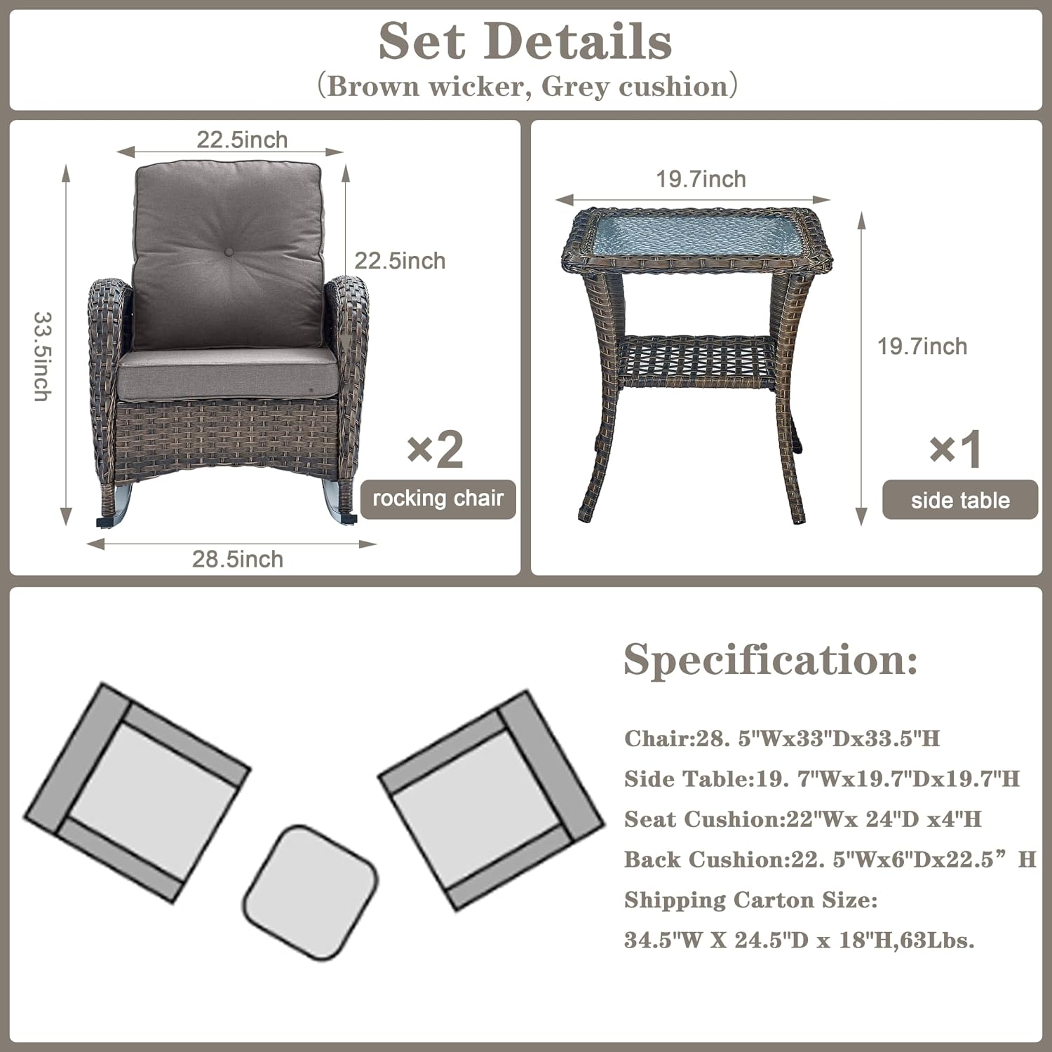 Belord Wicker Porch Rocking Chairs - 3 Pieces Patio Bistro Set High Back Outdoor Rocker Chairs Set with Side Table for Deck Balcony Brown/Grey