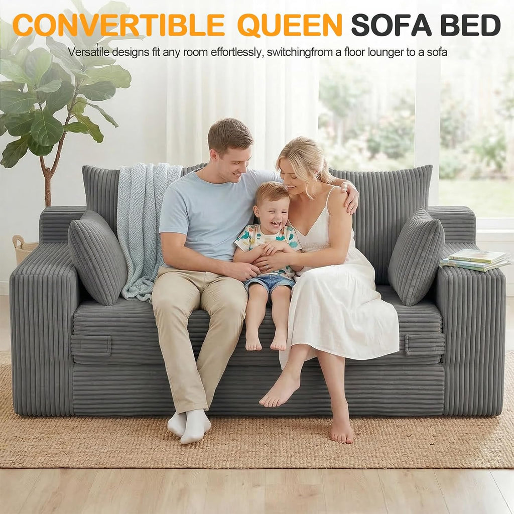 Oversize Loveseat Boneless Convertible Sofa Bed, Folding Floor Futon Sleeper Sofa Queen Size Couch Bed- Boneless Foldable Couch, Corduroy Pull Out Sofa Bed with 5 Pillows for Living Room & Bedroom