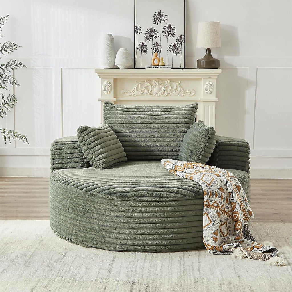 Oversized Round Chaise Longue Chair Indoor, Modern 55-inch Upholstered Corduroy Deep Seat Circle Single Cloud Lounge Floor Sofa Chair for Living Room, Bedroom Apartment, Green