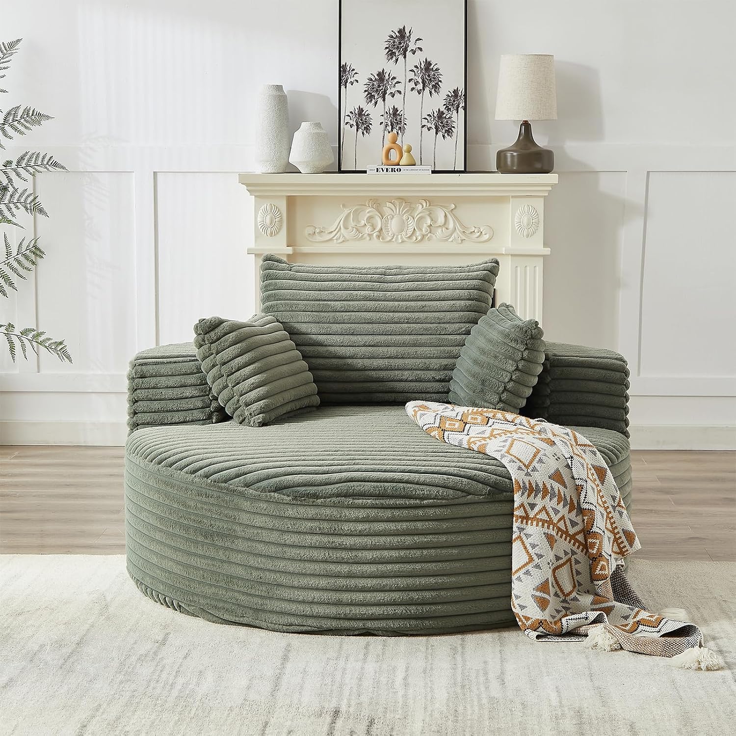 Oversized Round Chaise Longue Chair Indoor, Modern 55-inch Upholstered Corduroy Deep Seat Circle Single Cloud Lounge Floor Sofa Chair for Living Room, Bedroom Apartment, Green