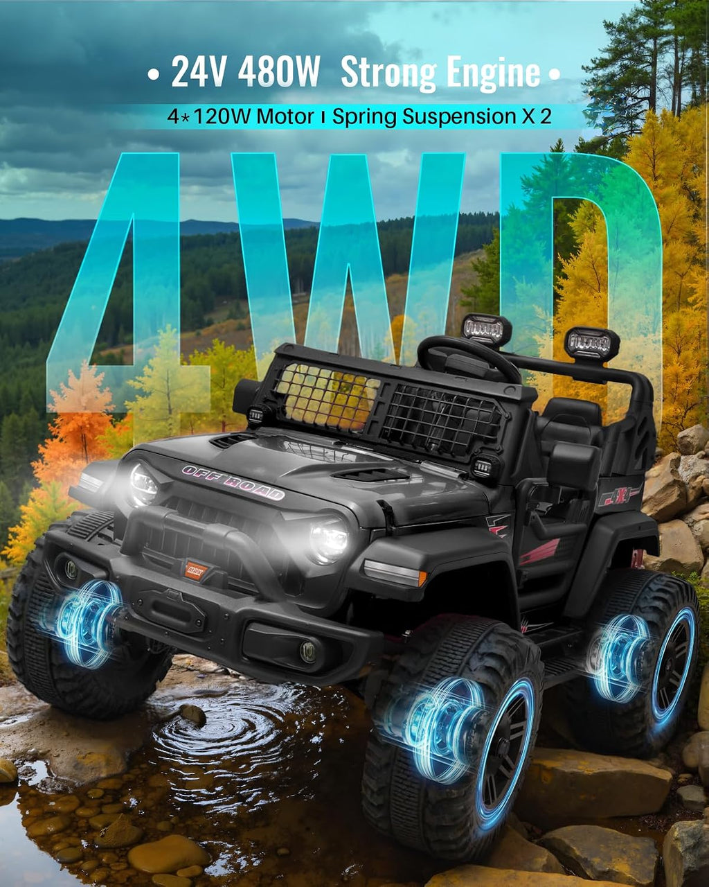 Blitzshark 24V MAX Ride-on Truck 2 Seater 4WD Kids Electric Vehicle 4x4 XXL Battery Powered Car, with 480W Ultra Powerful Motor, 7AH Battery, Remote Control, Full-Metal Suspension& DIY Sticker, Black