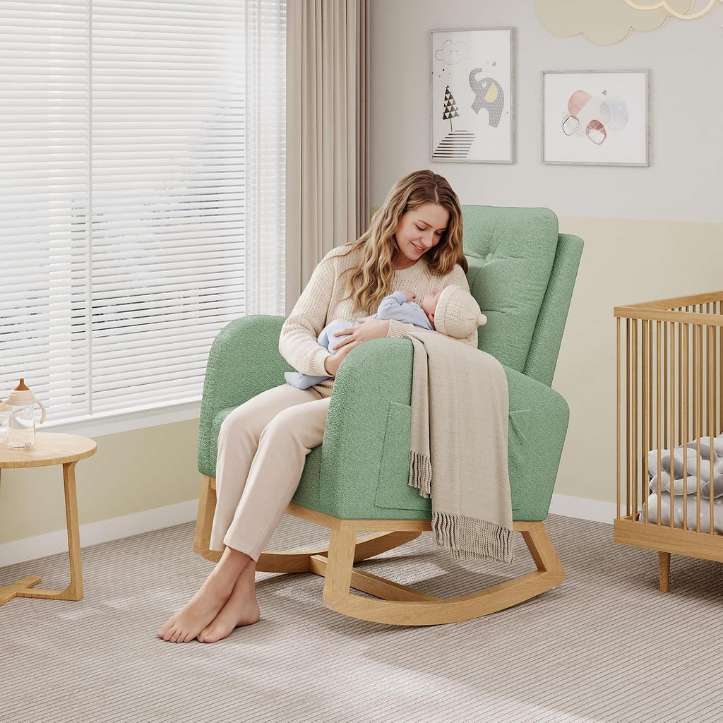 GarveeHome Nursery Rocking Chair, Teddy Fleece Upholstery, Sturdy Wooden Legs & High Backrest, Comfortable Glider Rocking Chair for Living Room or Bedroom, Light Green
