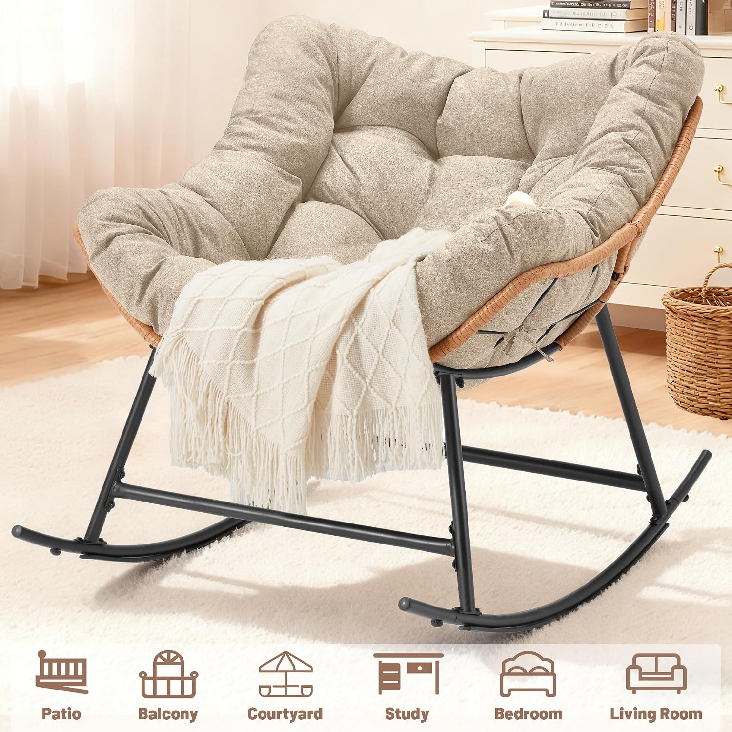Outdoor Comfy Rocking Chair with Thick Cushion, Rattan Rocker Egg Chair Indoor with Straps, Patio Rocking Chair 450lbs for Garden, Backyard, Balcony, Lawn, Bedroom, Living Room (Beige)