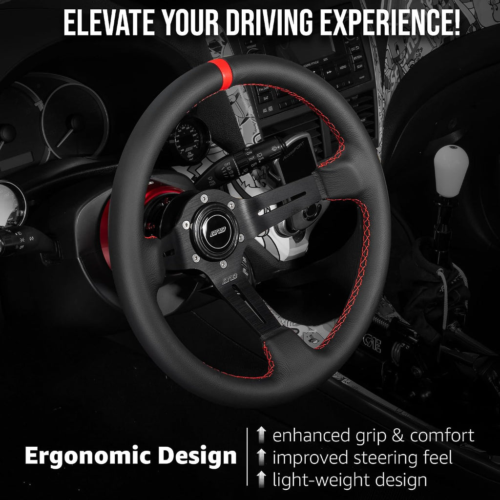 DND Performance Interior's Leather Race Steering Wheel / 350mm Diameter and 75mm Depth / 6x70mm Bolt Pattern/DND Leather Steering Wheel with Horn Button Included (Colored Stitching) (Red)