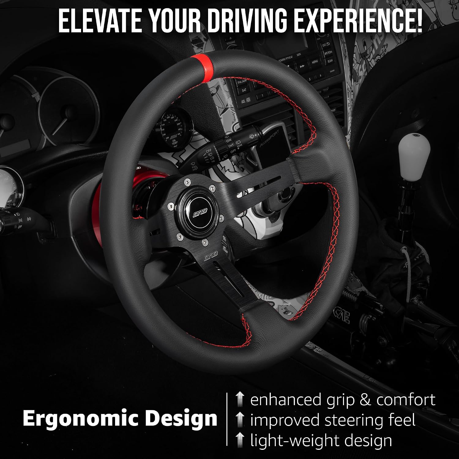 DND Performance Interior's Leather Race Steering Wheel / 350mm Diameter and 75mm Depth / 6x70mm Bolt Pattern/DND Leather Steering Wheel with Horn Button Included (Colored Stitching) (Red)