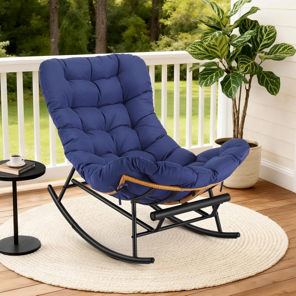 Indoor Papasan Rocking Chair, Rattan Rocker with Extendable Footrest & Detachable Polyester Cushion, 450lbs Sturdy Large Reading Lounge for Indoor Bedroom Living Room, Royal Blue