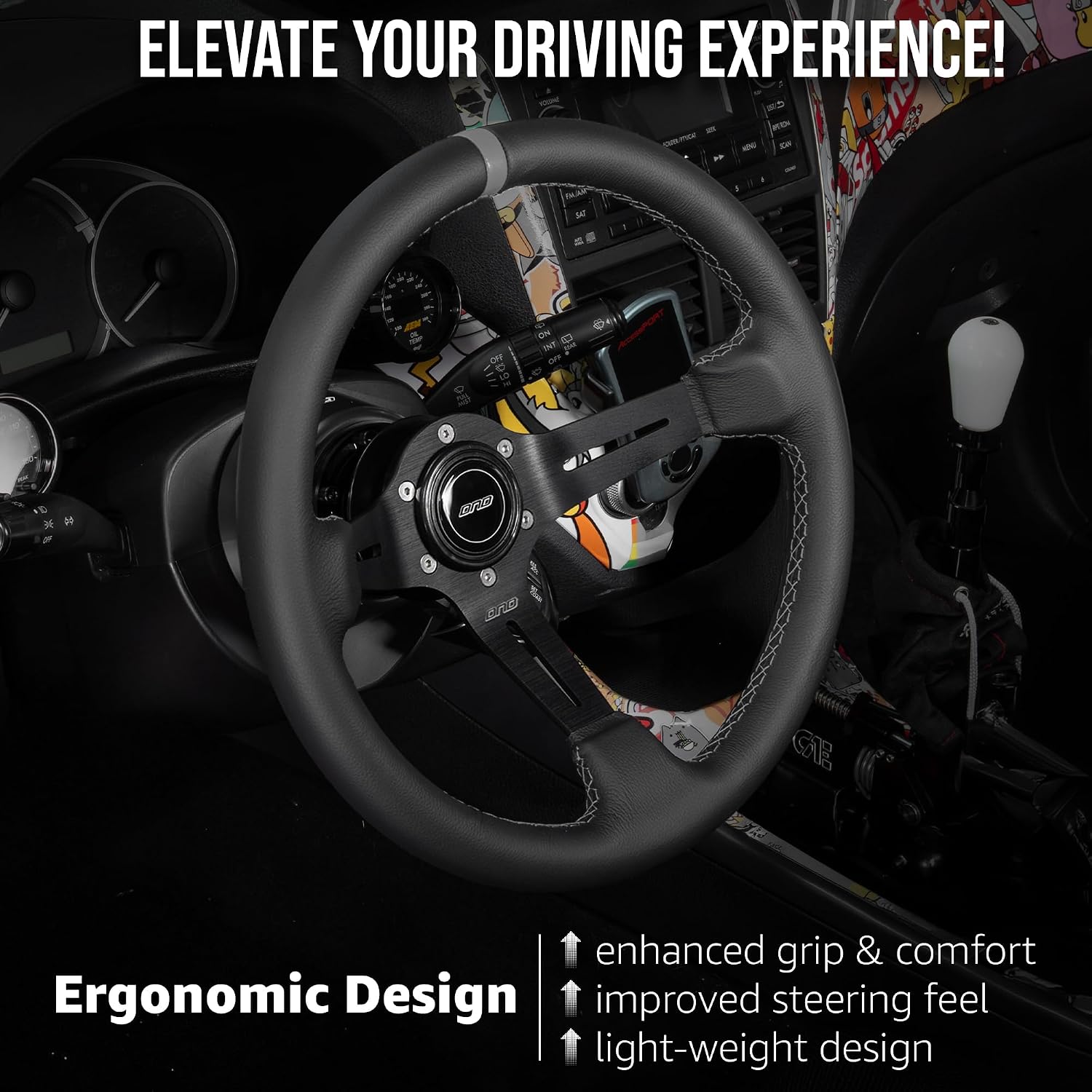 DND Performance Interior's Leather Race Steering Wheel / 350mm Diameter and 75mm Depth / 6x70mm Bolt Pattern/DND Leather Steering Wheel with Horn Button Included (Colored Stitching) (Gray)