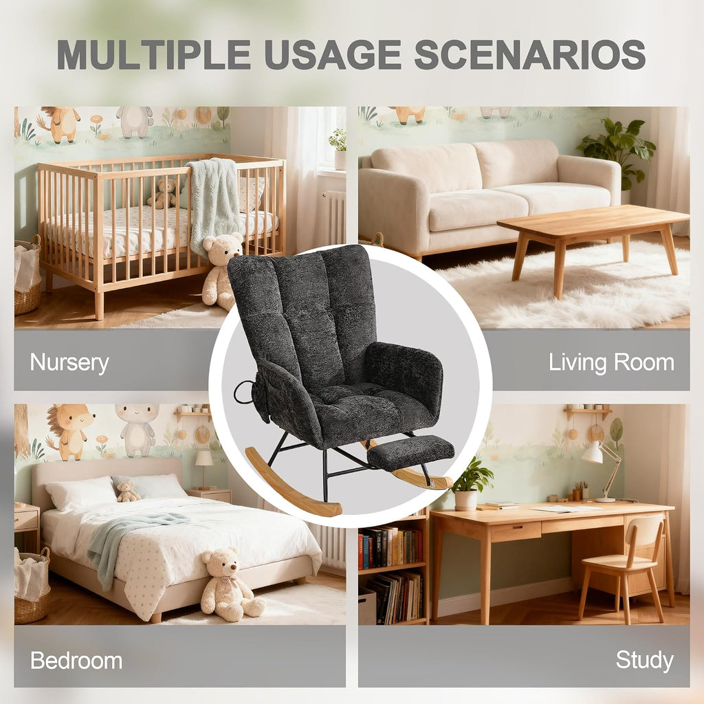 Rocking Chair Nursery with Airbag, Comfy Modern Nursery Rocking Reading Chair Indoor with Footrest, Cozy Upholstered Glider Rocker Chairs for Living Room Bedroom Offices(Chenille, Black)