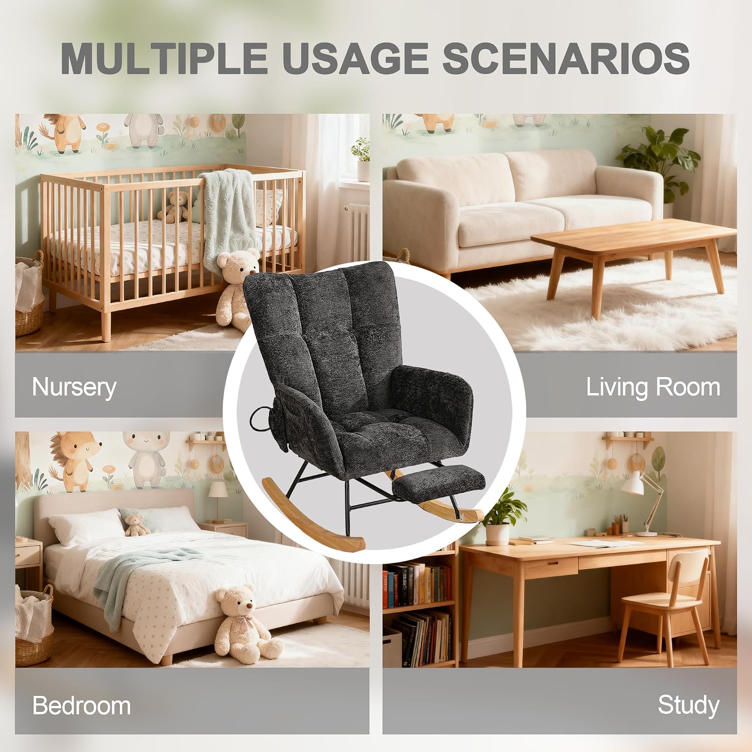 Rocking Chair Nursery with Airbag, Comfy Modern Nursery Rocking Reading Chair Indoor with Footrest, Cozy Upholstered Glider Rocker Chairs for Living Room Bedroom Offices(Chenille, Black)