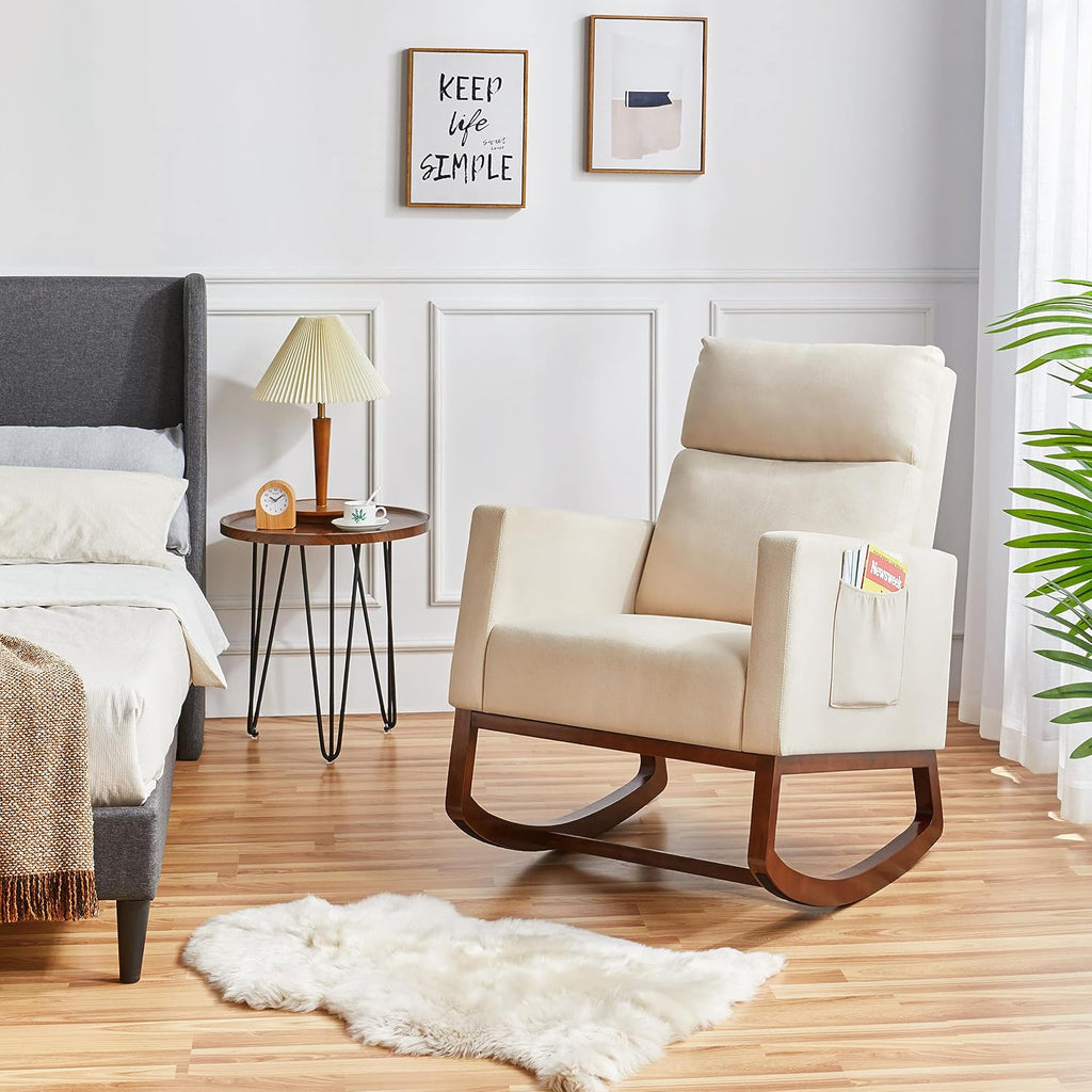 Topeakmart Upholstered Rocking Chair Nursery Modern Accent Chair with Wood Legs Side Pocket Armchair Glider Rocker for Nursery Living Room Bedroom Lounge Beige