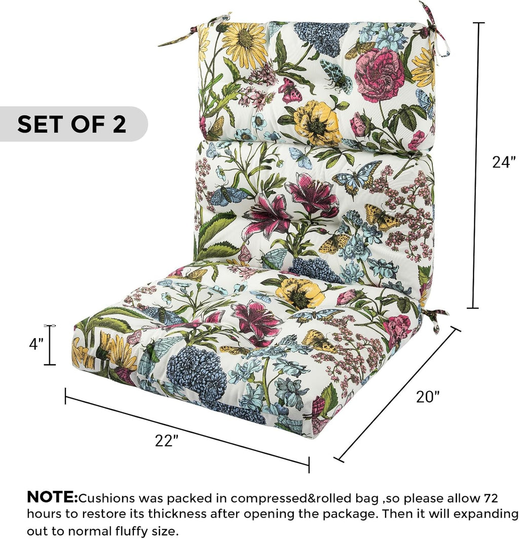 FUNHOME Outdoor High Back Chair Cushions Set of 2,Reversible Lawn Chair Cushion 44 x22 inch,Water Resistant Tufted Adirondack Chair Cushion,for Garden Rocking Chair,Patio Furniture(Butterfly Flower)