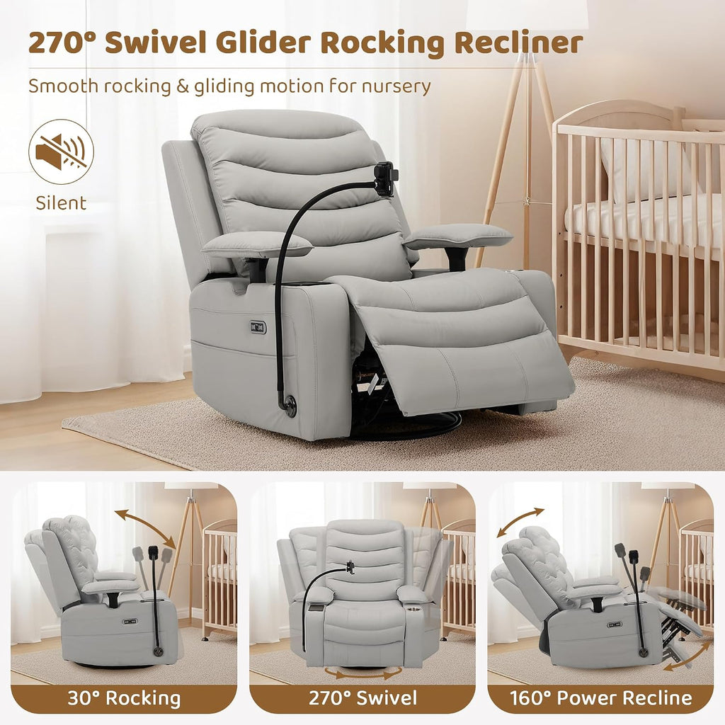 Olela Power Glider Recliner Nursery Chair, PU Leather Swivel Rocking Chair with Electric Lumbar Support, USB Charging, Smart Cup Holder, Light, Adjustable Armrest, Wireless Phone Charger Holder
