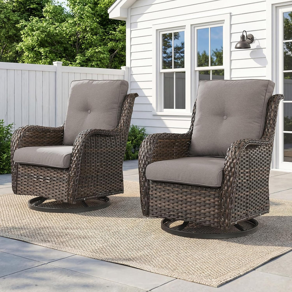 Belord Outdoor Swivel Chairs Set of 2,Patio Wicker Rocker Chairs,All Weather Patio Conversation Furniture Set, Ideal for Porch Balcony Deck Yard, Brown Wicker/Gray