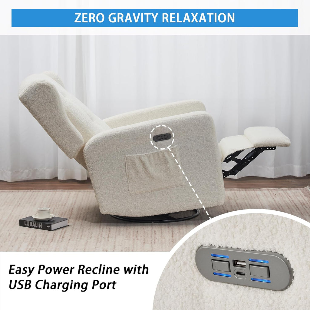 Swivel Rocker Power Recliner Chair for Nursery, 270° Swivel Glider Recliner with USB & Type-C Charging, Electric Reclining Chair with Storage Pockets, Upholstered Recliner for Living Room(Teddy Beige)