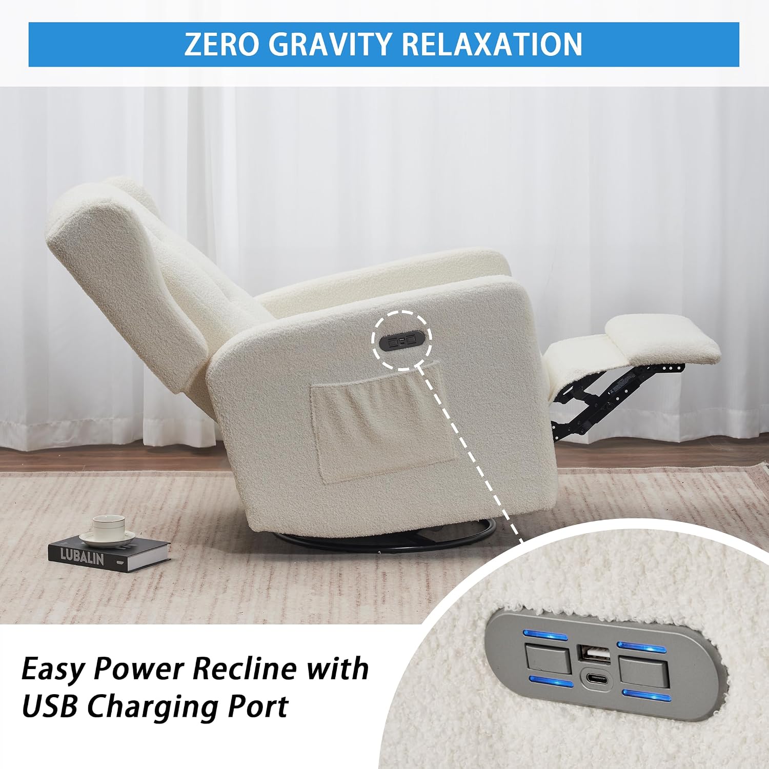 Swivel Rocker Power Recliner Chair for Nursery, 270° Swivel Glider Recliner with USB & Type-C Charging, Electric Reclining Chair with Storage Pockets, Upholstered Recliner for Living Room(Teddy Beige)