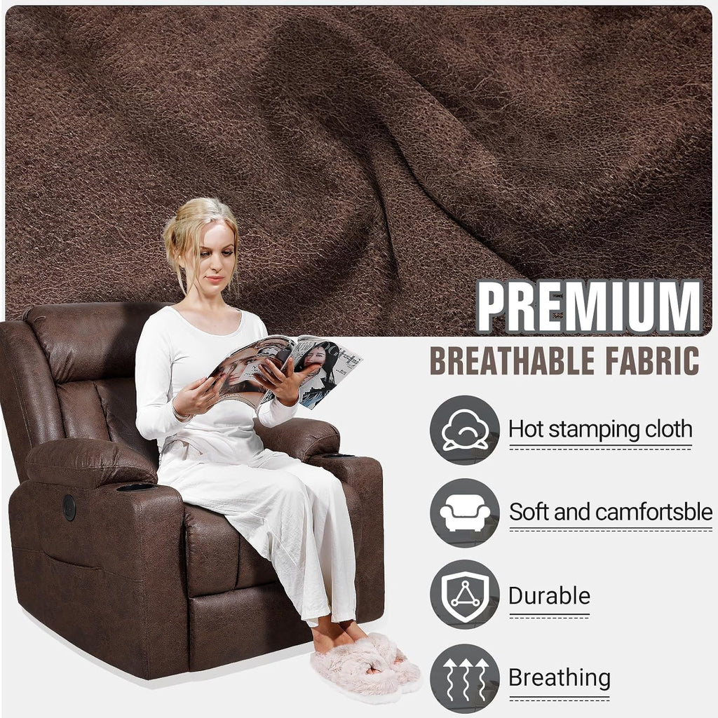 LEVELEVE Retro Rocking Recliner Chair, Massage Rocker Recliner Chair with Vibration Massage and Heat, USB and Type-C Ports,360° Swivel Chairs,Living Room, Bedroom, Nursery, RV, Brown