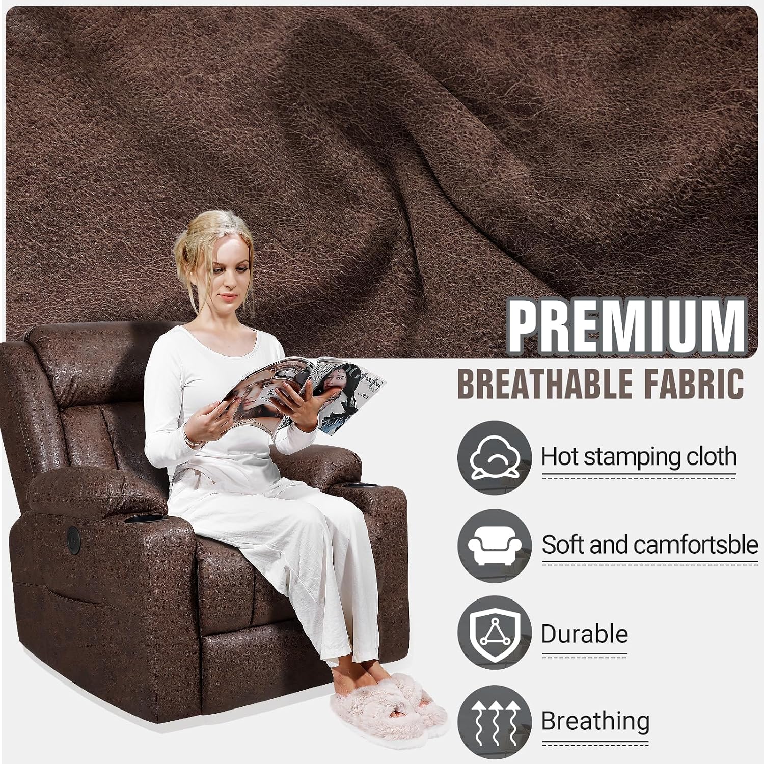 LAFWELL Retro Rocking Recliner Chair, Massage Rocker Recliner Chair with Vibration Massage and Heat, USB and Type-C Ports,360° Swivel Chairs,Living Room, Bedroom, Nursery, RV, Brown