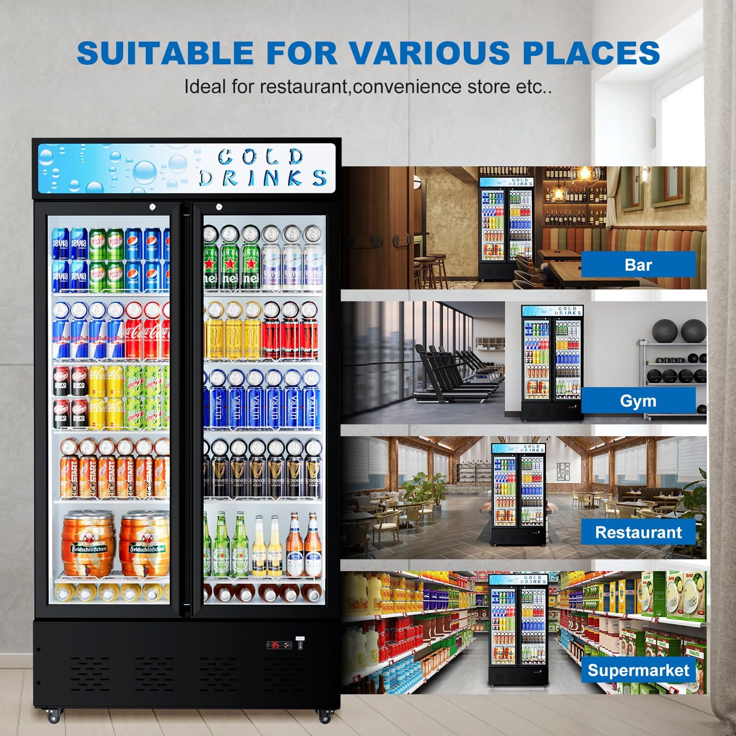 Commercial Beverage Refrigerator, 30 Cu.ft. Fridge Display Glass Door Upright Display Door with Adjustable Shelves LED Light for Restaurant,Grocery Stores,Office