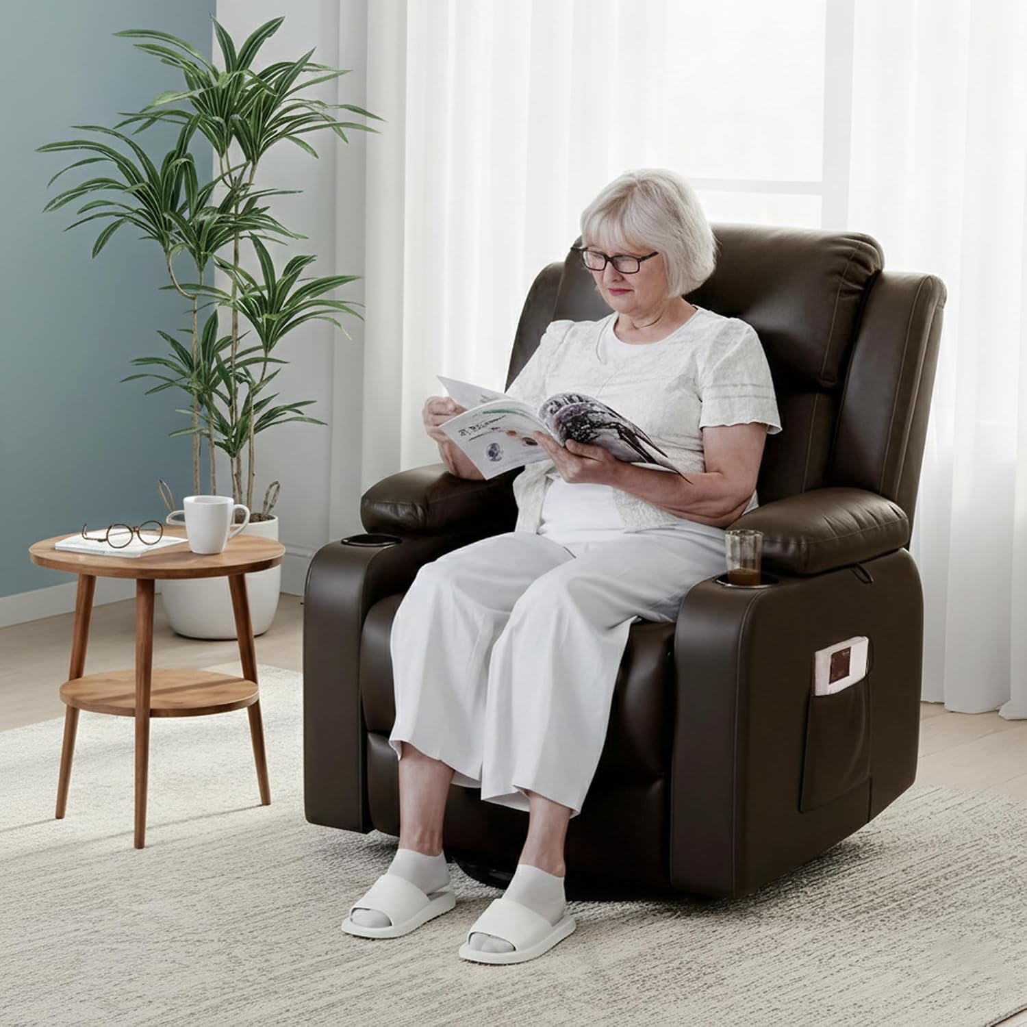 FLEXISPOT XL31 Power Lift Recliner Chair for Elderly, Electric Lift Chair with Massage & Heat, PU Leather Reclining Sofa w/Cup Holders for Living Room Bedroom, FSC Certified(Medium Size,Brown)