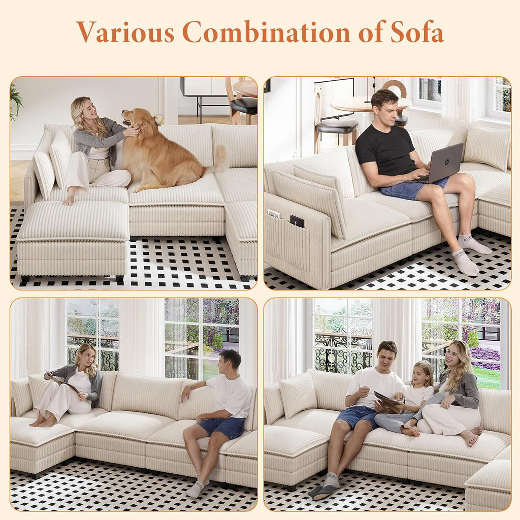 Vesgantti 109' L Shaped Cloud Sectional Couch, Comfy Corduroy Upholstered Modular Couches for Living Room, Modern 3 Seater Sectional Sofa with Ottoman Deep Seat, Beige