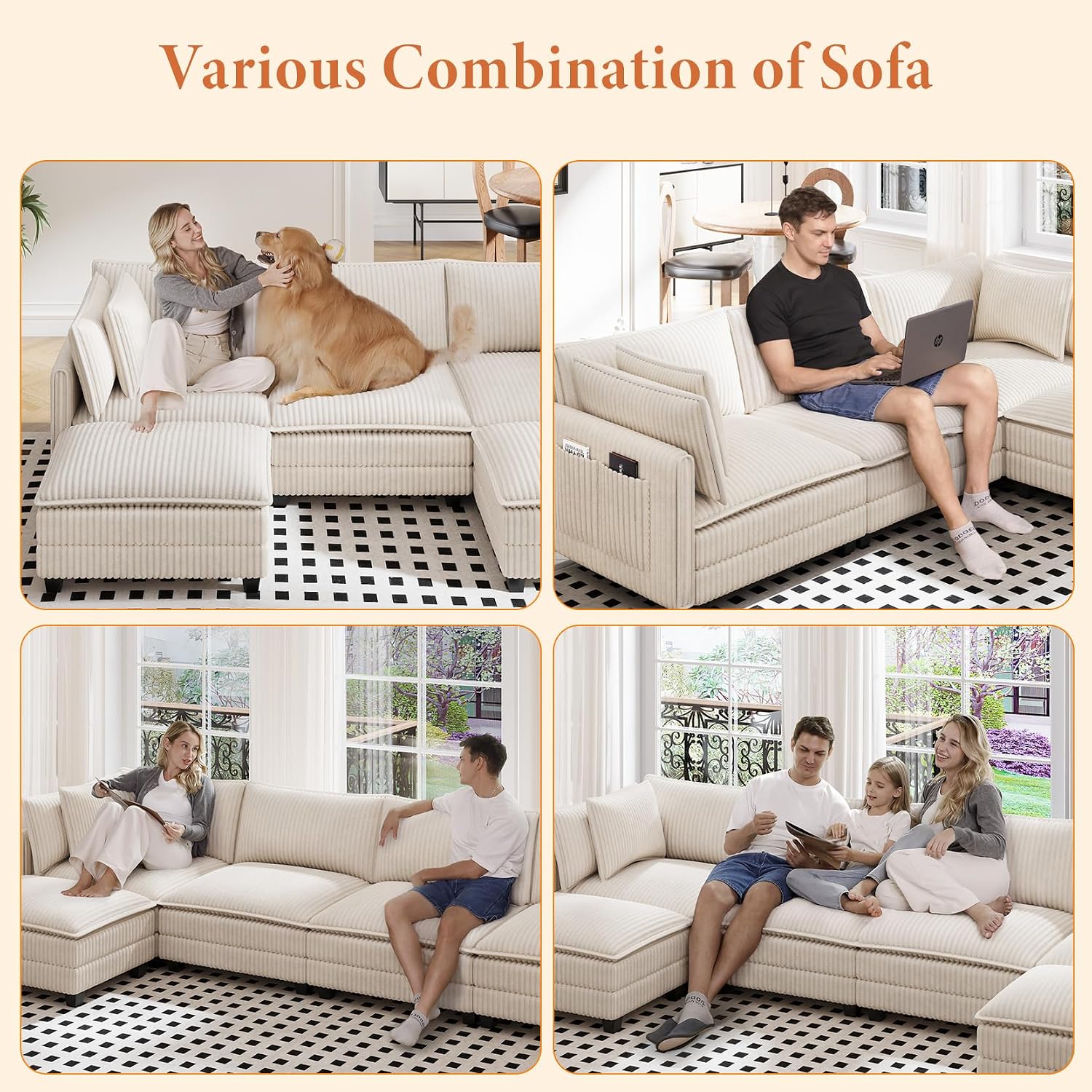Vesgantti 109' L Shaped Cloud Sectional Couch, Comfy Corduroy Upholstered Modular Couches for Living Room, Modern 3 Seater Sectional Sofa with Ottoman Deep Seat, Beige