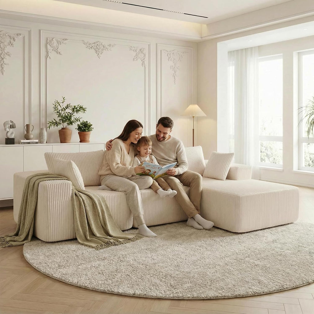 DUMOS 108' Boneless Couch, Cloud Sectional Couch with L-Shape Chaise, Modular Sectional Sofa with Deep Seat, Fluffy Couch for Living Room Bedroom, No Assembly Required, Beige, Right Facing Chaise