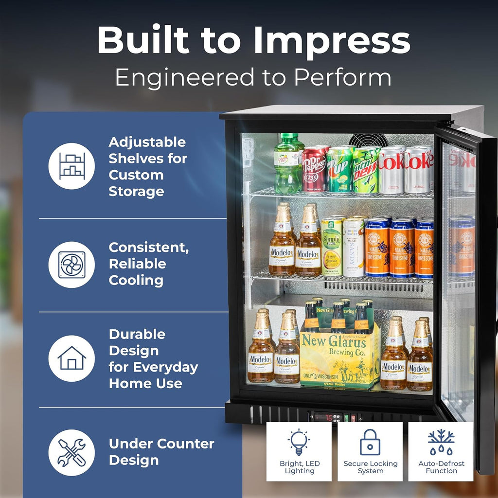 Procool 1-Door Undercounter Refrigerator - 33' Tall Energy Efficient Black Beverage Cooler With Glass Door & White LED Lights - Residential Beverage Refrigerator For Entertaining Spaces & Home Bars