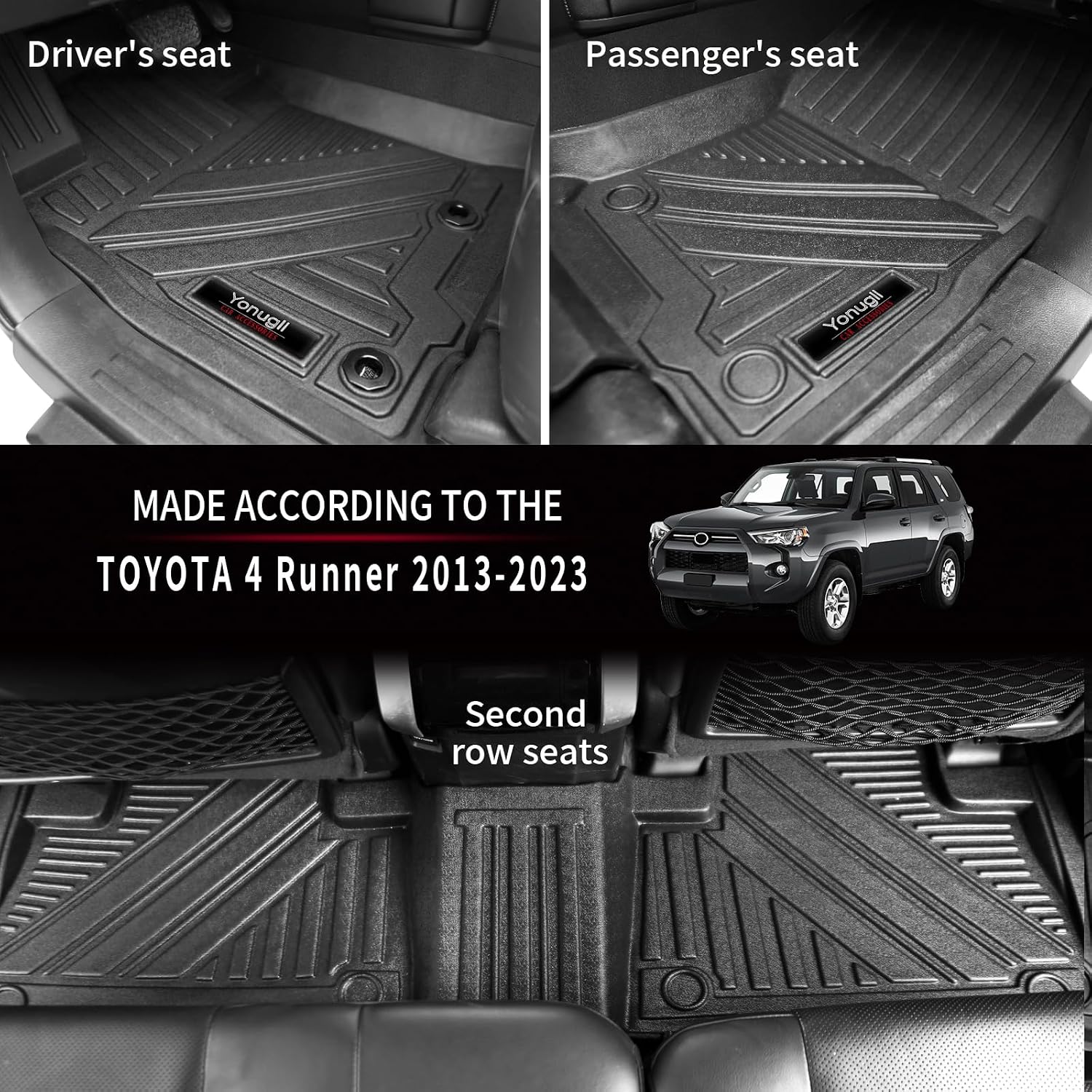 Floor Liners for 2013-2024 Toyota 4 Runner 7 Seat Accessories 3 Rows Floor Mats Trunk Cargo Mats and 2nd 3rd Row Backrest Mats All Weather TPE Protection (Only for 7 Seat Full Set 10 Pcs)
