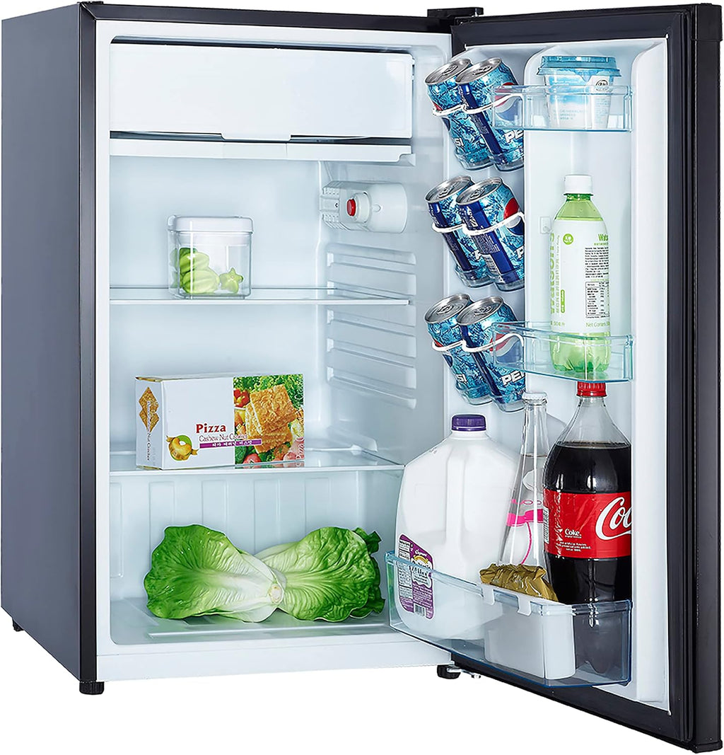 Avanti Mini Fridge Compact Refrigerator for Home Office or Dorm with Reversible Door, Chiller Compartment, Adjustable Slide-out Shelves with Temperature Control and Manual Defrost, 4.4-Cu.Ft., Black