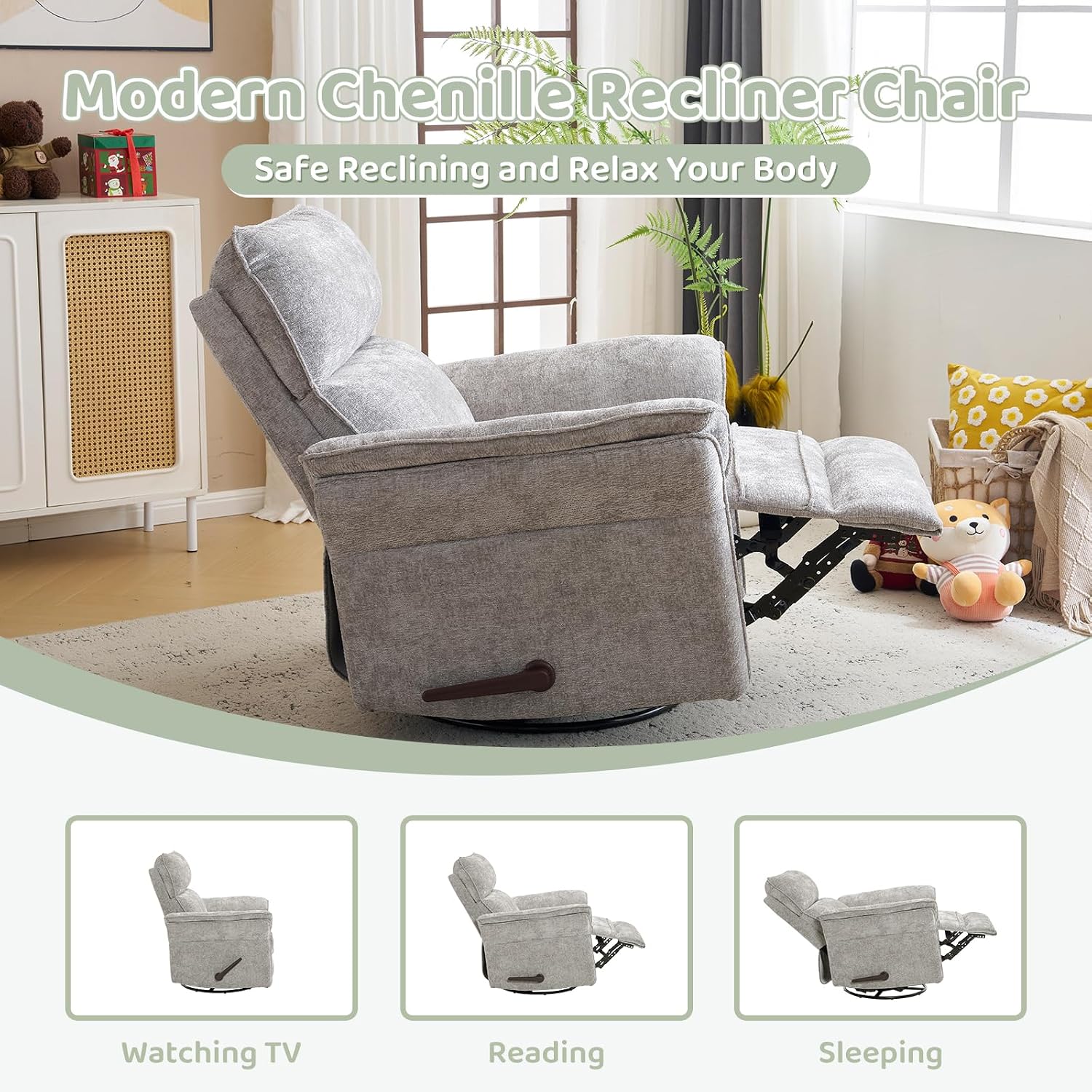 Swivel Rocker Recliner with Adjustable Headrest,Upholstered Glider Rocker Recliner with Overstuffed Armrest,Manual Recliner Nursery Chair for Living Room,Light Grey