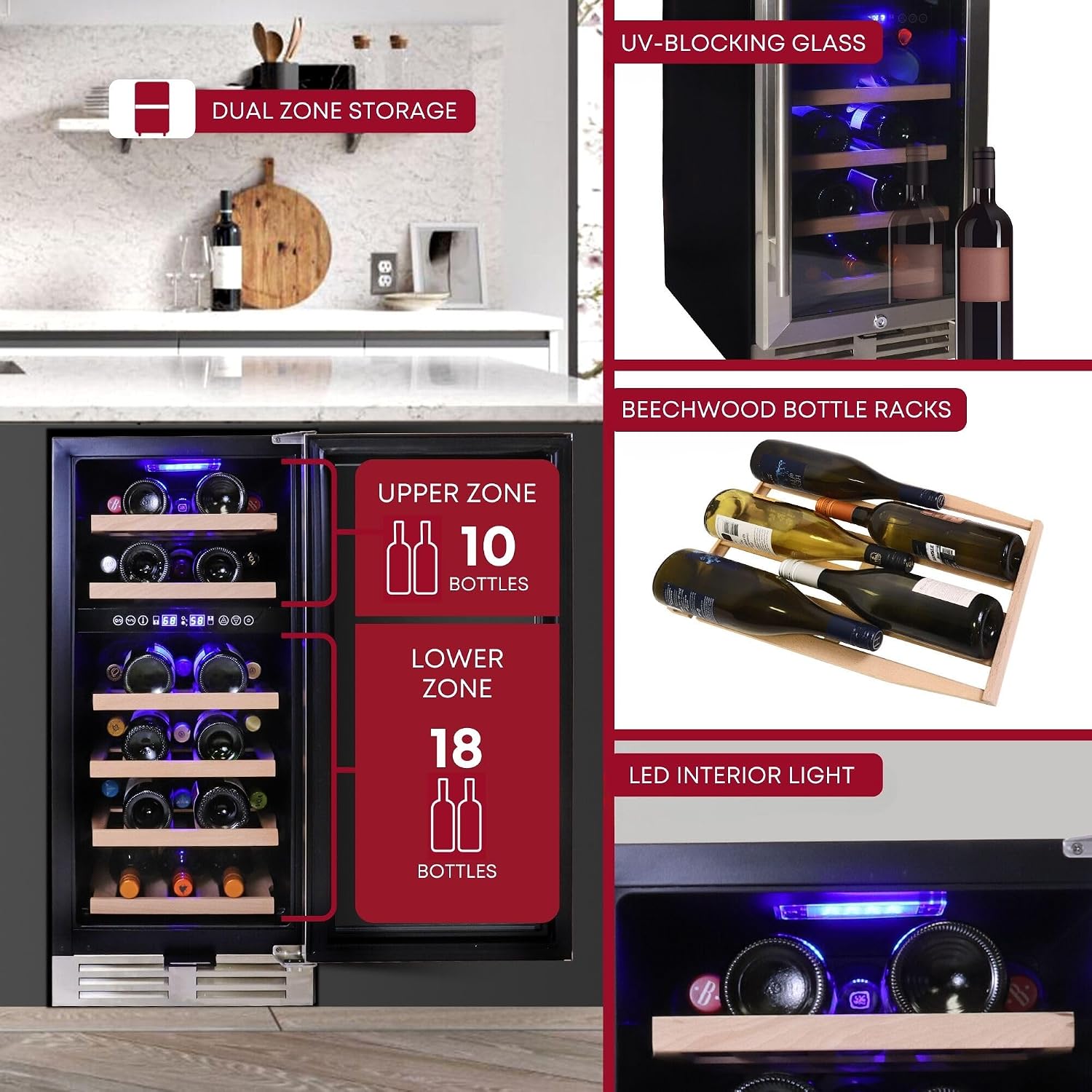 Koolatron 28 Bottle Wine Fridge Dual Zone Built-In Wine Cooler with Glass Door Front Vent Beverage Can Bar Compressor Refrigerator Red White Wine Champagne 15-Inch 3.5 cu ft (Silver Black 100 L)