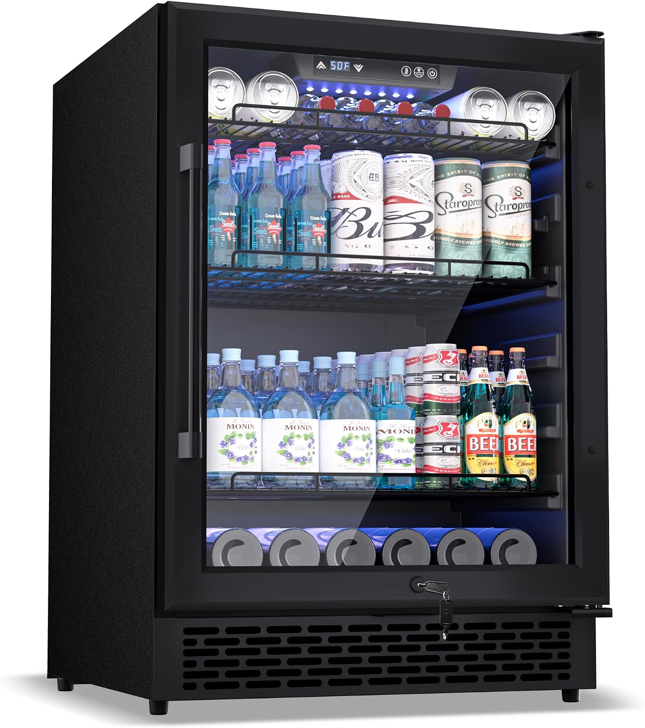 24-Inch Beverage Refrigerator, 200-Can Glass Door Cooler with Adjustable Shelves, Quiet Cooling, Freestanding or Under-Counter – Compatible with Beer, Soda, Wine, Milk, Suita