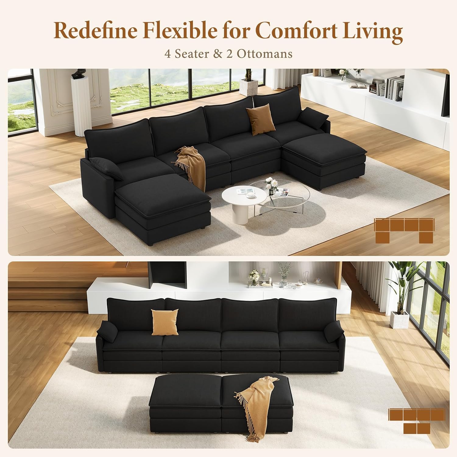 Vesgantti 142' U Shaped Sectional Couch, Comfy Cloud Modular Sectional Sofa with 2 Ottoman Deep Seat Chenille Modern Cloud Sofa, Modular Sofas for Living Room, Bedroom and Apartment, Black