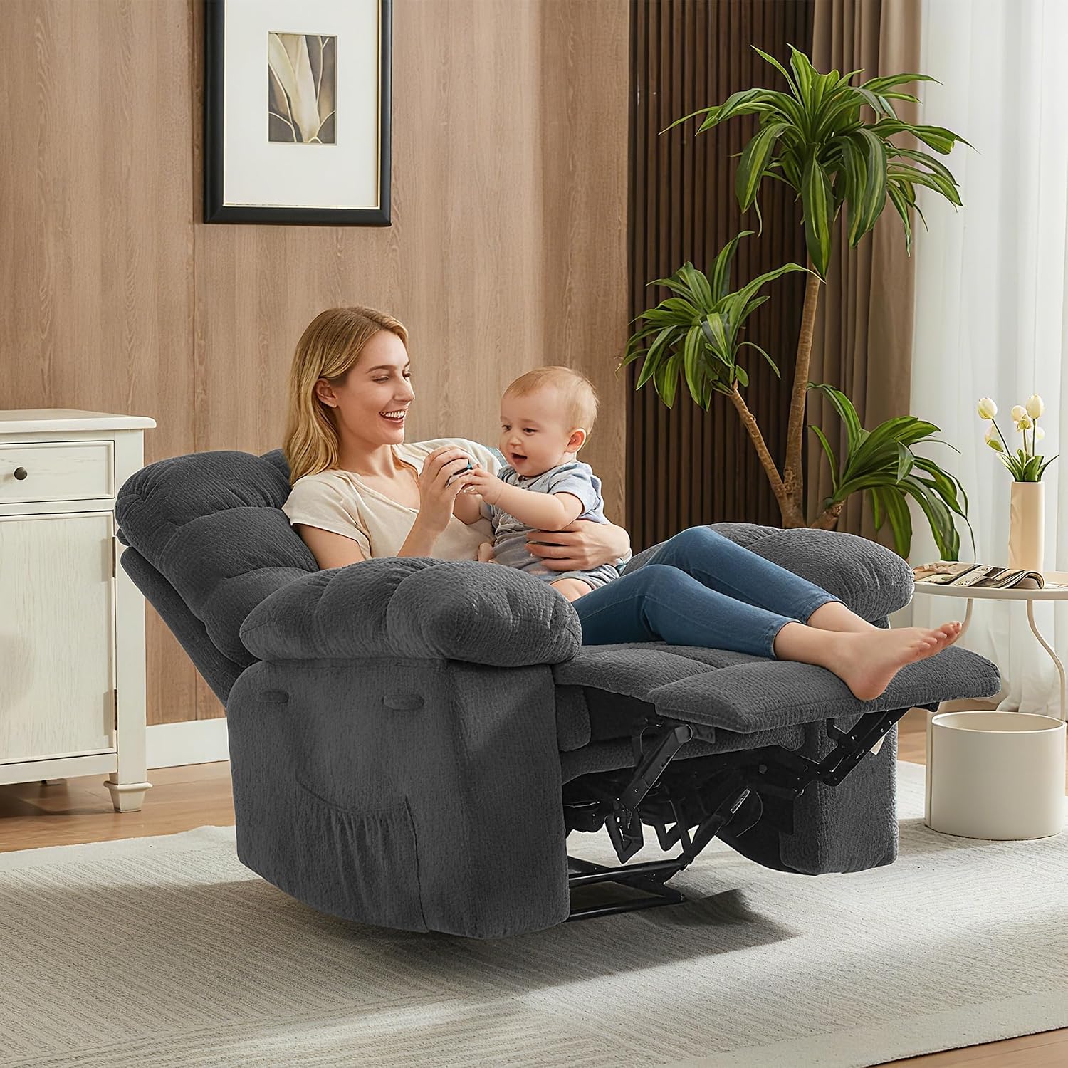 Manual Recliner Chair, Oversized Recliner for Adults with Extra Wide Arm and Back, Lazy Boy Recliner with Side Pockets, Comfy Breathable Fabric Large Nursery Rocking Chair for Living Room Bedroom