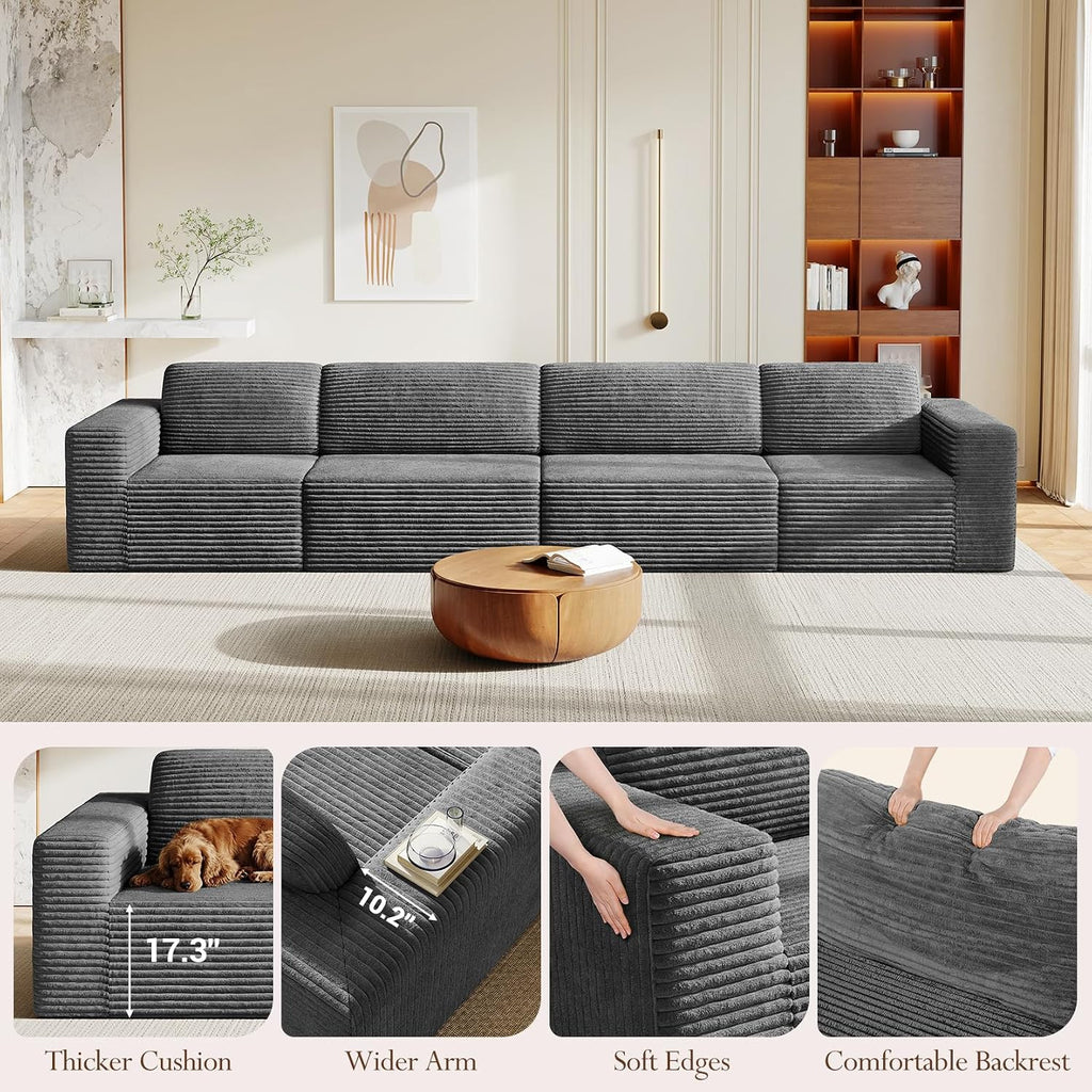 Vesgantti 159' Modular Sectional Sofa, Corduroy Cloud Couch with Extra Deep Seats & Spring Support, Flexible Layout 4-Seater Boneless Couch, No Assembly Required, Grey