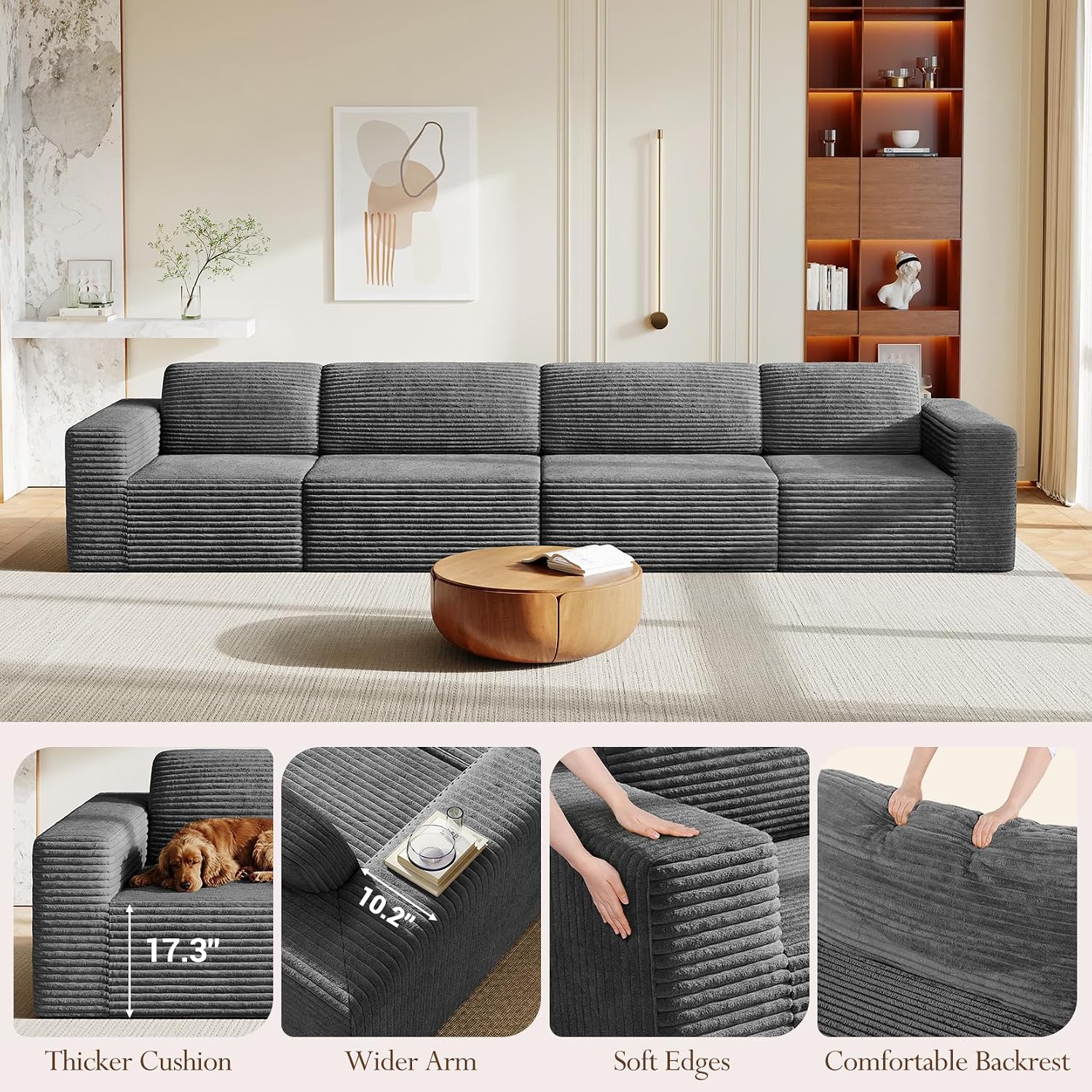 Vesgantti 159' Modular Sectional Sofa, Corduroy Cloud Couch with Extra Deep Seats & Spring Support, Flexible Layout 4-Seater Boneless Couch, No Assembly Required, Grey