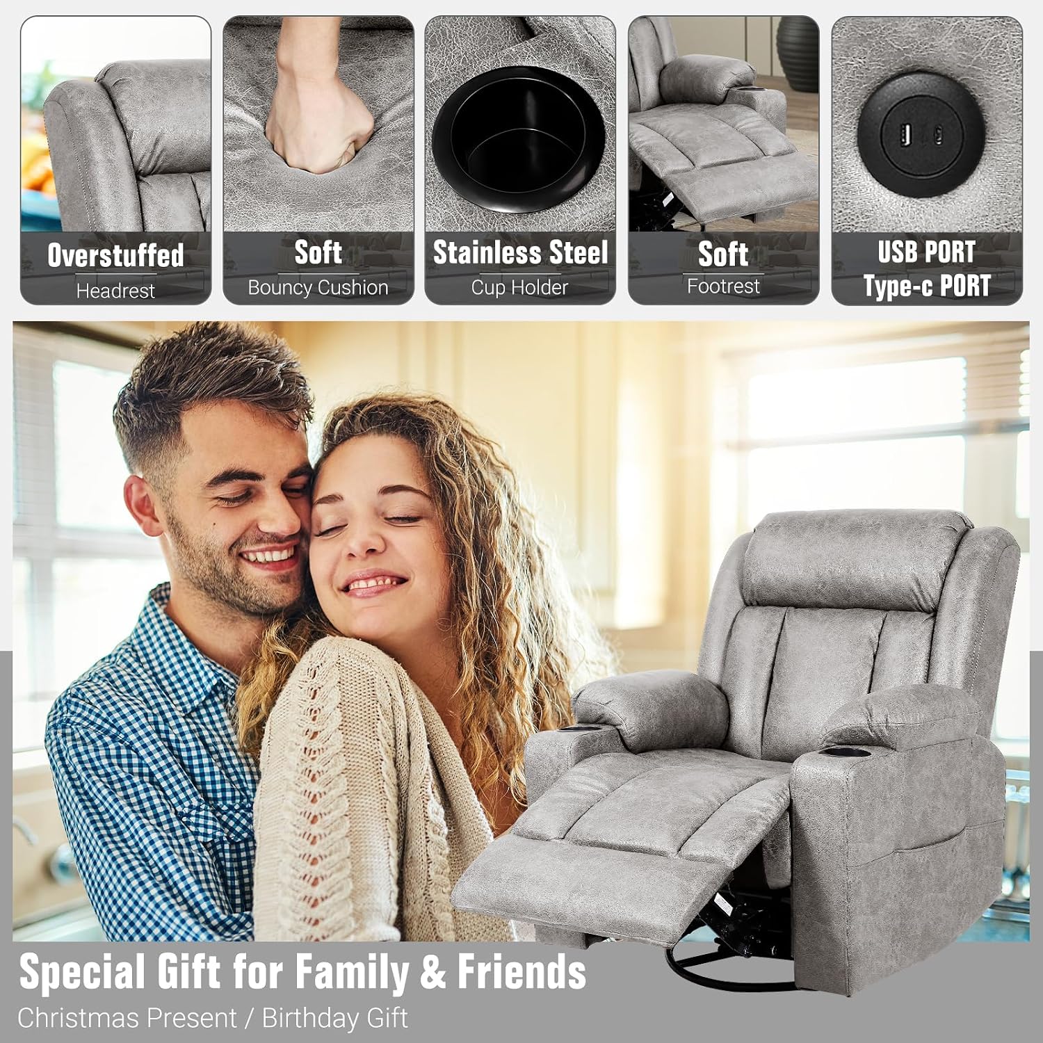 LEVELEVE Retro Rocking Recliner Chair, Massage Rocker Recliner Chair with Vibration Massage and Heat, USB and Type-C Ports,360° Swivel Chairs, Living Room, Bedroom, Nursery, RV, Light Grey