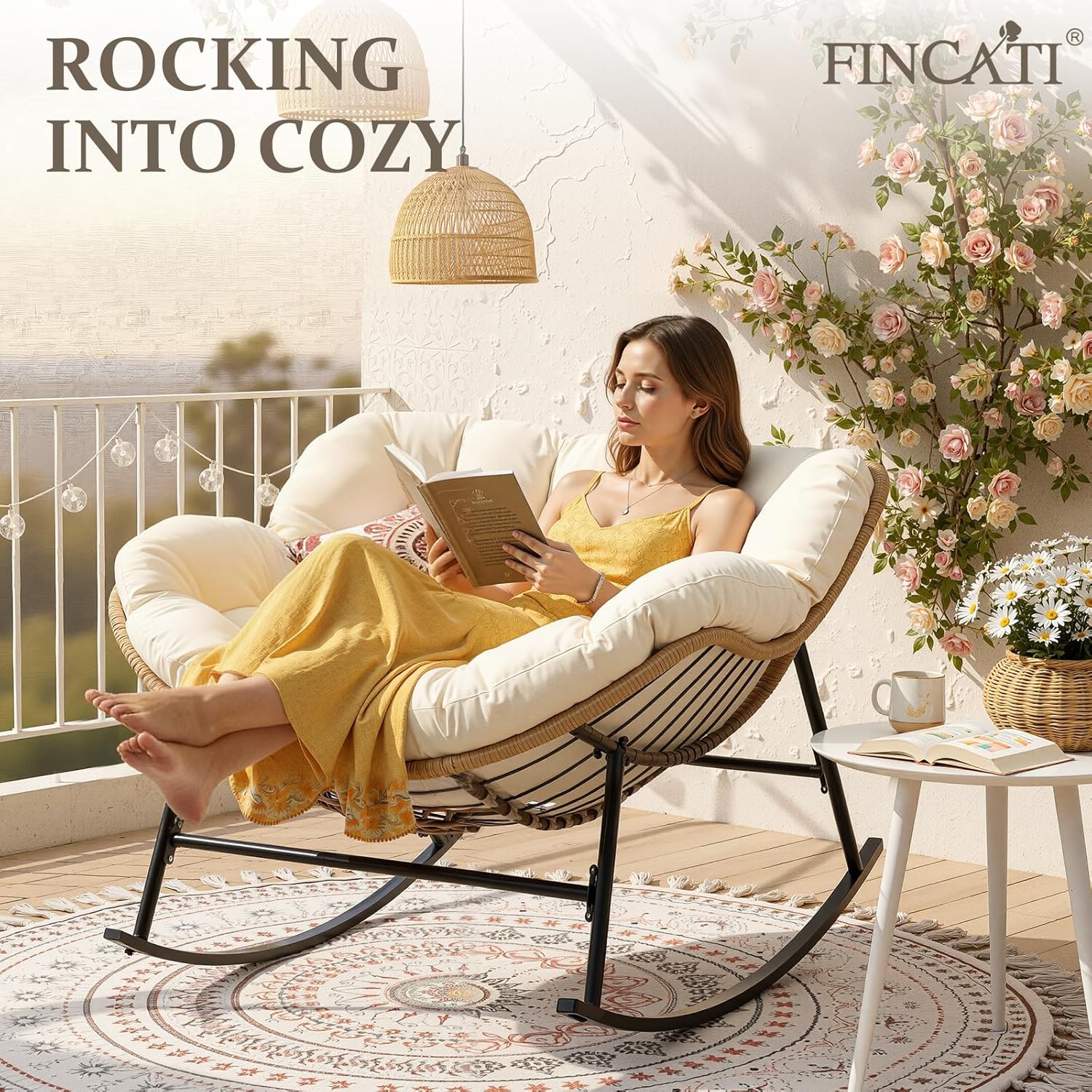 FINCATI Outdoor Indoor Papasan Rocking Chair, Oversized Wicker Rattan Recliner with Cushion, Comfy Large Wide Patio Lounge Egg Chairs, 450 Lbs Heavy Duty Rocker for Balcony Garden Living Room Beige
